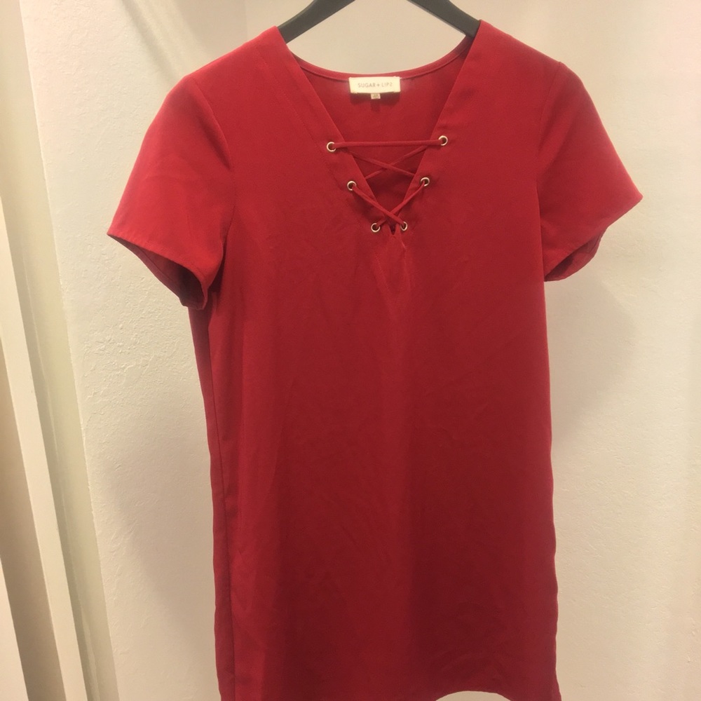 SUGAR + LIPS Red Lace Up Mini Shift Dress